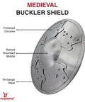 Battle Ready Medieval Buckler Shield With 16 Gauge Steel Construction And Arrow Edge Details, 12.75 Inch Diameter, Side View