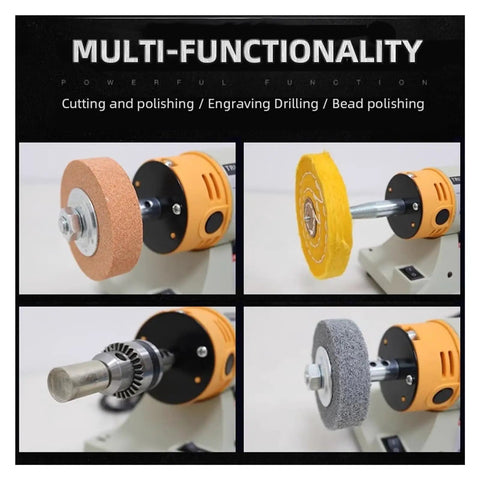 Mini Dual Mode Rotary Engraver And Compact Desktop Polisher Kit For Wet Dry Woodworking Metal Carving showing various polishing wheels.