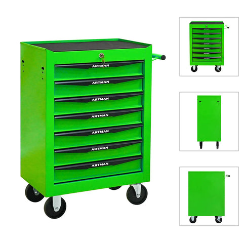 Heavy Duty Rolling Tool Chest With Lockable Parking Brakes And Butter Smooth Ball Bearing Slides 21 Inch Freestanding Storage Cabinet In Bright Green For Garage Or Shop side view with seven drawers and rolling wheels
