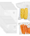 40 piece reusable vacuum sealer bags with air valve for food storage and sous vide, filled with corn and carrots