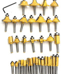 Top Shelf 35 Piece Router Bit Kit With Heavy Duty Tungsten Carbide Tips One Quarter Inch Shank Woodworking Rotary Tool Set display showing assorted bits.