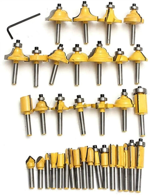 Top Shelf 35 Piece Router Bit Kit With Heavy Duty Tungsten Carbide Tips One Quarter Inch Shank Woodworking Rotary Tool Set display showing assorted bits.