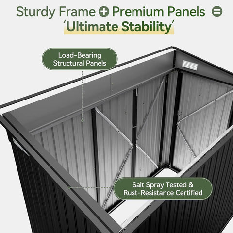 Top view of Triple Door Outdoor Storage Shed With Lockable Doors 7.5 By 4 Foot Steel Backyard Cabinet frame and structural panels.