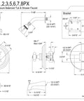Diagram of Restoration Tub And Shower Faucet With Porcelain Cross Handle In Brushed Nickel, showing dimensions and details.