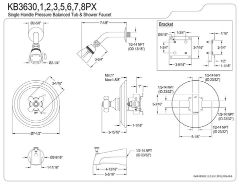Diagram of Restoration Tub And Shower Faucet With Porcelain Cross Handle In Brushed Nickel, showing dimensions and details.