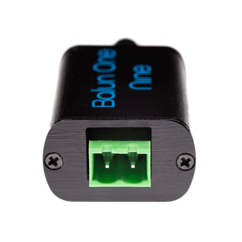 Front view of Compact 9 To 1 Balun With Input Protection In Aluminum Enclosure For HF And Shortwave Antennas, green connector visible