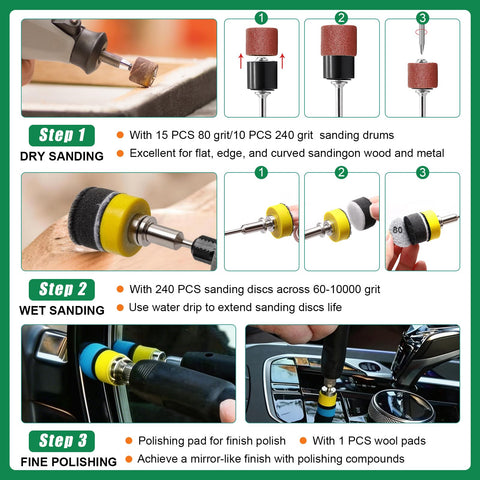 All in One Must Have 279 Piece 1 Inch Sanding Discs And Drum Set With Hook And Loop Pads 60 To 10000 Grit for polishing steps