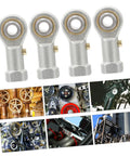 Heavy Duty Threaded Rod End Bearings 4 Pack With Bulletproof Spherical Plain Design For Plug And Play Mechanical Linkages and Rock Solid High Load Mounting Setup. Silver spherical bearings showing multiple angles.