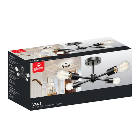 Box for Vane Four Light Matte Black Flush Mount Ceiling Light With Open Socket Sputnik Style, modern fixture image