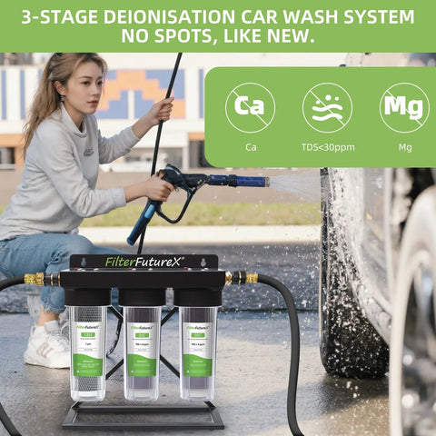 Woman using Three Stage Deionized Water Car Wash System With Stand, Spot Free Rinse For Cars, RVs, Boats, Motorcycles And Windows