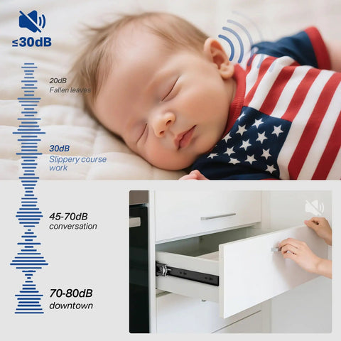 Sleeping baby with sound levels; Full Extension Ball Bearing Drawer Slides 12 Inch Side Mount Cabinet Rails shown with quiet operation