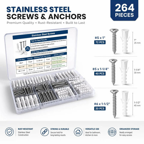 Heavy Duty 264 Piece Drywall Screws And Anchors Kit For Walls And Picture Hanging Stainless Steel Screws With Plastic Wall Anchors