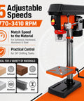 Ridfy 8 Inch Benchtop Drill Press, 5 Speed 770-3410 RPM With Tilt Table for Wood Metal DIY Maker Projects with adjustable speed.