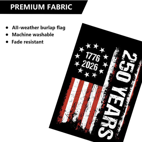 250th Anniversary Patriotic Garden Flag Double Sided 12x18 Inches With Stars And Stripes Design 1776-2026 on burlap