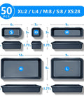 50 Piece Toolbox Organizer Set With Five Sizes For Drawer, Rolling Tool Chest Or Workbench Storage, Handy Bins Include 2XL, 4L, 8M, 8S And 28XS For Drill Bits, Parts And Small Tool Accessories shown in size chart
