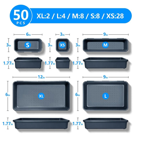 50 Piece Toolbox Organizer Set With Five Sizes For Drawer, Rolling Tool Chest Or Workbench Storage, Handy Bins Include 2XL, 4L, 8M, 8S And 28XS For Drill Bits, Parts And Small Tool Accessories shown in size chart