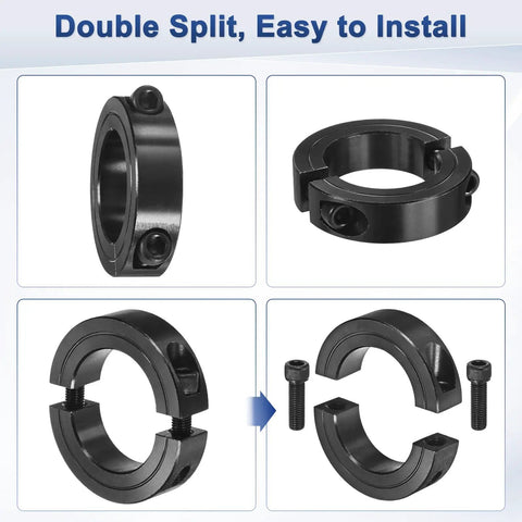 4 Pack Double Split Shaft Collar With Set Screw Black Oxide One And Five Eighths Inch Bore, close-up view of split collar set