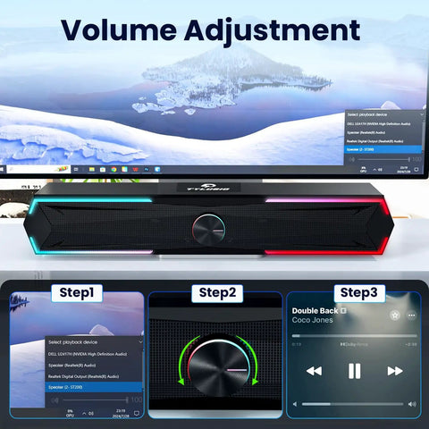 Desktop Computer Speakers With Clear Stereo Sound And Flowing LED Lights, Bluetooth And USB Input, front view with volume knob