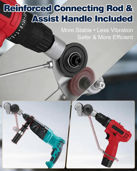 Upgraded Sheet Metal Nibbler Tool With Stabilizer Handle For Iron Steel Copper Aluminum Heavy Duty Metal Cutter Drill Attachment Fits Handheld Impact Drills showcases reinforced connecting rod and assist handle.