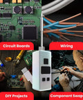 Pocket Size Rechargeable Soldering Iron Pen With Built In USB C Cable shown with circuit boards, wiring, and DIY projects.