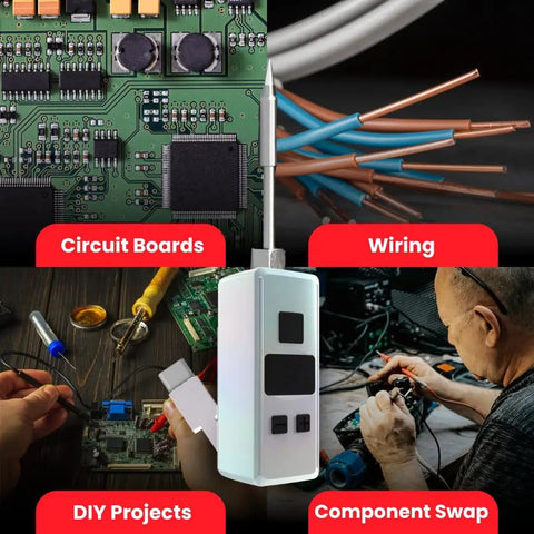 Pocket Size Rechargeable Soldering Iron Pen With Built In USB C Cable shown with circuit boards, wiring, and DIY projects.