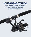 Wrath II 7 Foot Spinning Rod And Reel Combo 3000 Size with HT-100 drag system, medium light power, black and gold design.