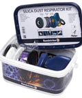 Opened plastic box containing Silica Dust Respirator Kit with Silicone Half Mask and P100 Particulate Filter plus Prefilters.