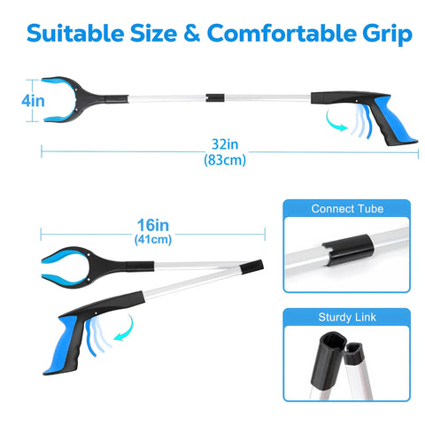 Grabber Reacher Tool by Amazon, 32-inch foldable reacher with blue jaws and ergonomic blue/black handle