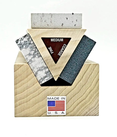 All In One 3 Stone Knife Sharpening System With 10 Inch Silicon Carbide Coarse Stone, Soft Medium And Hard Arkansas Novaculite Whetstones, Free Honing Oil, 23 Degree Angle Guide, Made In USA