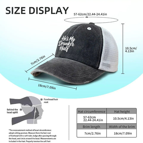 Men's Adjustable Outdoor Trucker Hat With Breathable Mesh size display with measurements and graphic design details.
