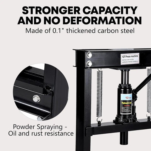 Detail of 12 Ton Hydraulic H Frame Shop Press With Rugged Steel Assembly showing oil resistant finish and durable carbon steel.