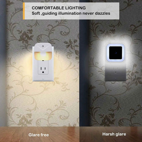 Glare Free Plug In LED Night Light With Dusk To Dawn Sensor illuminating wall, showing glare-free vs harsh glare comparison