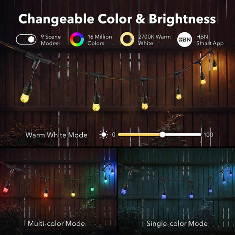 Smart Color Changing Outdoor String Lights 24ft LED Flat Wire, 2.4Ghz WiFi Enabled, multi-color and single-color modes shown