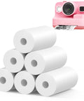 6 Rolls Instant Camera Print Paper Refill For HD Photos, Glossy Thermal Paper With Durable White Finish, Rich Color Quality, Long Lasting Prints, No Fuss Replacement; six white rolls stacked with pink instant camera
