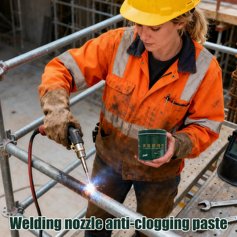 Worker using Nozzle Cleaner Gel 200g For Welding Spatter And Flux Removal on site to maintain TIG nozzles.