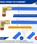 Diagram showing installation of 5 Pack Pro Grade Three Eighths Inch Brass Air Brake Line Push To Connect Fittings With Ninety Degree Elbow