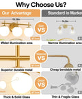 Comparison of Next Level Three Light Bathroom Vanity Lights In Brushed Gold Finish With Milky White Glass Globe Shades.