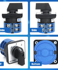 40A Rotary Changeover Switch for Industrial Power Control with 660V Rating, 3 Position ON OFF ON, 2 Poles, 8 Terminals shown from various angles