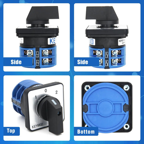 40A Rotary Changeover Switch for Industrial Power Control with 660V Rating, 3 Position ON OFF ON, 2 Poles, 8 Terminals shown from various angles