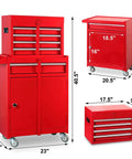 Detachable 3 Drawer Tool Chest With Large Storage Cabinet And Adjustable Shelf Heavy Duty Red Black Rollin Garage Workshop Organizer For Tools Hardware And Gear, dimensions displayed with top chest and cabinet detailed.