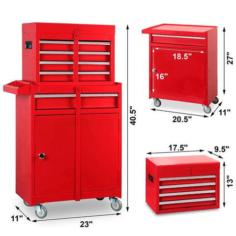 Detachable 3 Drawer Tool Chest With Large Storage Cabinet And Adjustable Shelf Heavy Duty Red Black Rollin Garage Workshop Organizer For Tools Hardware And Gear, dimensions displayed with top chest and cabinet detailed.