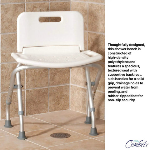 Folding Bath Seat With Back Support For Safe No Fuss Shower Time Portable Shower Bench White with textured seat in bathroom