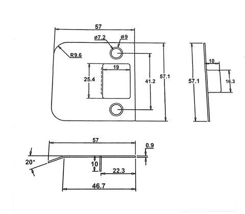 Technical drawing of Solid Brass Extended Lip Strike 2-1/4 X 2-1/4 Inches Oil-Rubbed Bronze Ten Pack With Mounting Screws