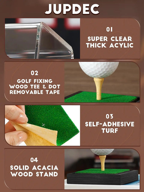Clear Acrylic Golf Ball Display Case With Wood Base And Tee Dust Proof Memorabilia Stand For One Ball Black Finish Storage Box For Collectors Dope Gift Idea image showing acrylic, wood tee, adhesive turf, acacia base