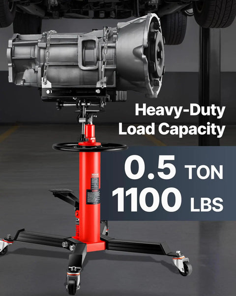 Half Ton Hydraulic Transmission Jack With 1100 Lb Capacity, 33.5 To 67 Inch Lift Range, 2 Stage Telescoping Design, Foot Pedal Release, 360 Degree Swivel Wheels, Car And Light Truck Transmission Lift, Red