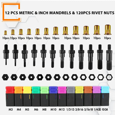 Rivet Nut Tool Kit 16 Inch Heavy Duty Pro Grade Auto Release Nutsert Tool With 12 Mandrels Metric And SAE 120 Rivnuts