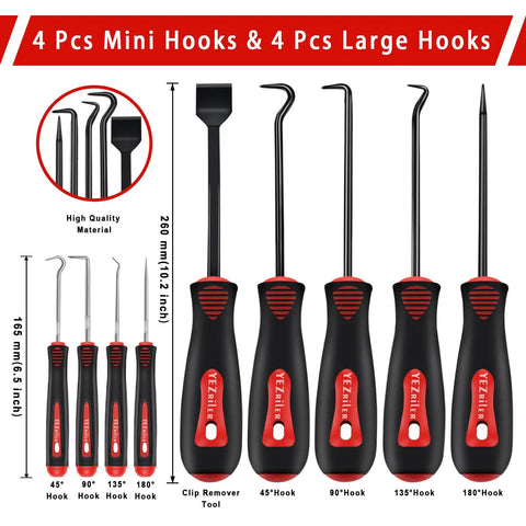 17 Piece Mechanic Hook And Pick Tool Set With Auto Trim Removal Kit displayed with various sized hooks.