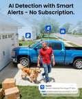 Man walking dog near truck outside house, showcasing AI detection from Argus PT Ultra camera. No subscription needed.