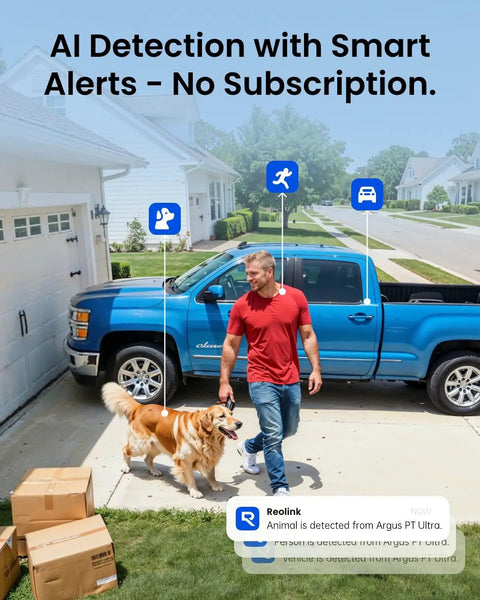 Man walking dog near truck outside house, showcasing AI detection from Argus PT Ultra camera. No subscription needed.