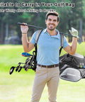 Man carrying a golf bag with a Telescoping Golf Ball Retriever With 12 To 15 Foot Reach, Stainless Locking Head